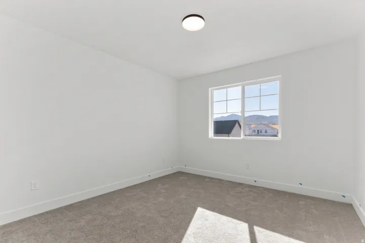 White walls, gray carpet, a white framed window, and a flush mount ceiling light