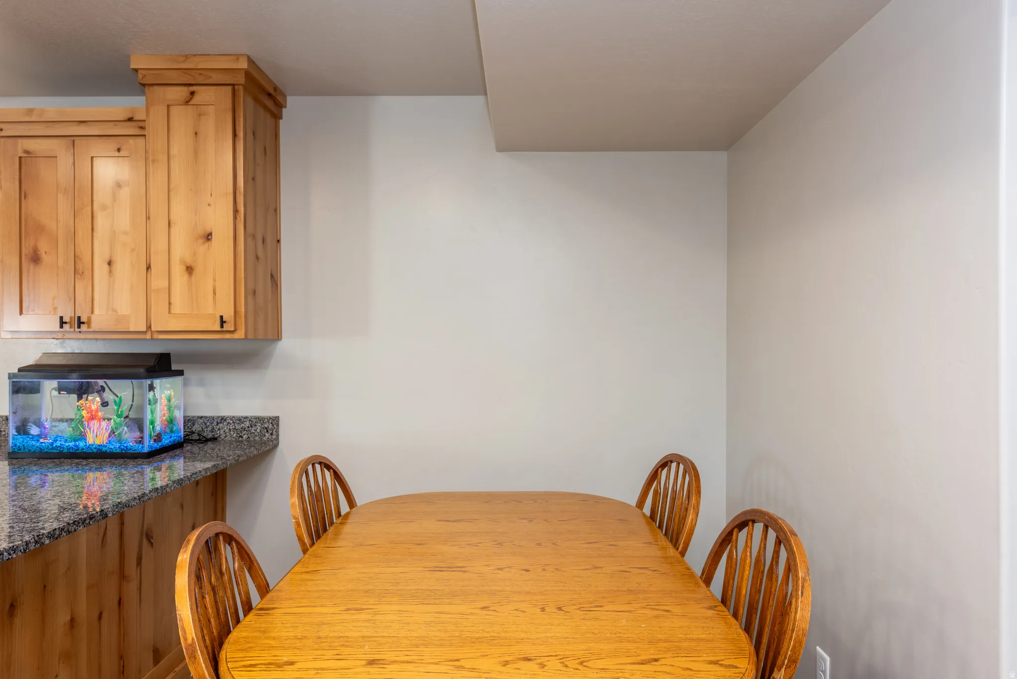 Kitchenette featuring natural wood cabinetry, speckled countertop, and a wood-finish dining table
