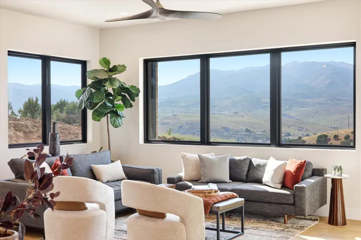Expansive window wall with black frames