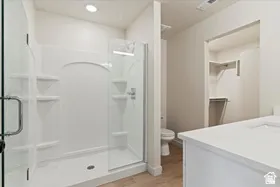 Spa-inspired primary bathroom featuring a spacious walk-in shower with glass enclosure, built-in shelving, and dual showerheads