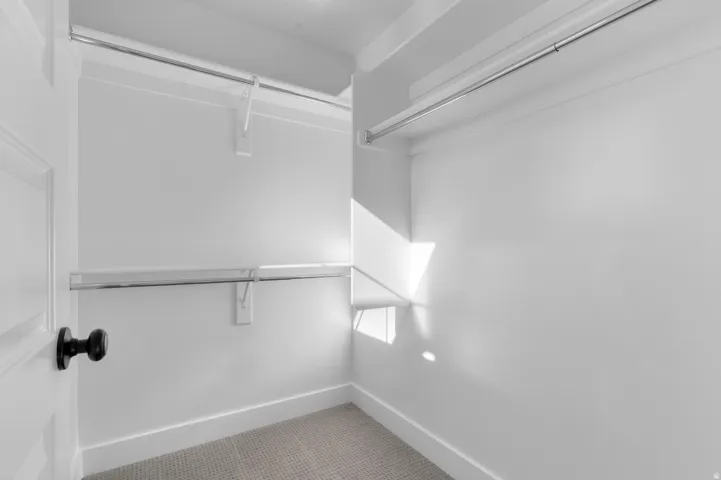 Walk-in closet with carpet flooring, white walls, and chrome hanging rods