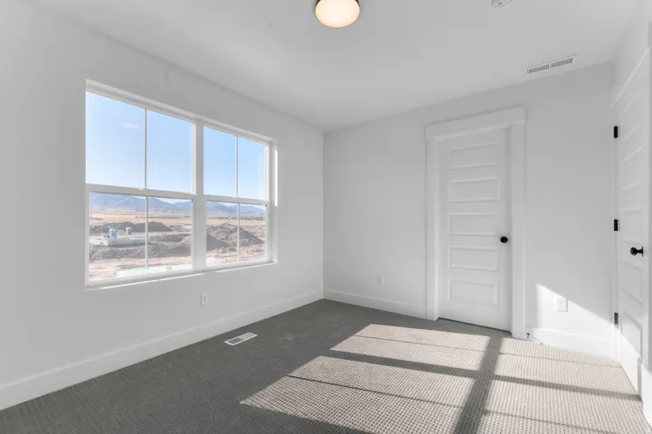 Wall-to-wall carpeting, white interior walls, white trim, and a contemporary flush mount light fixture