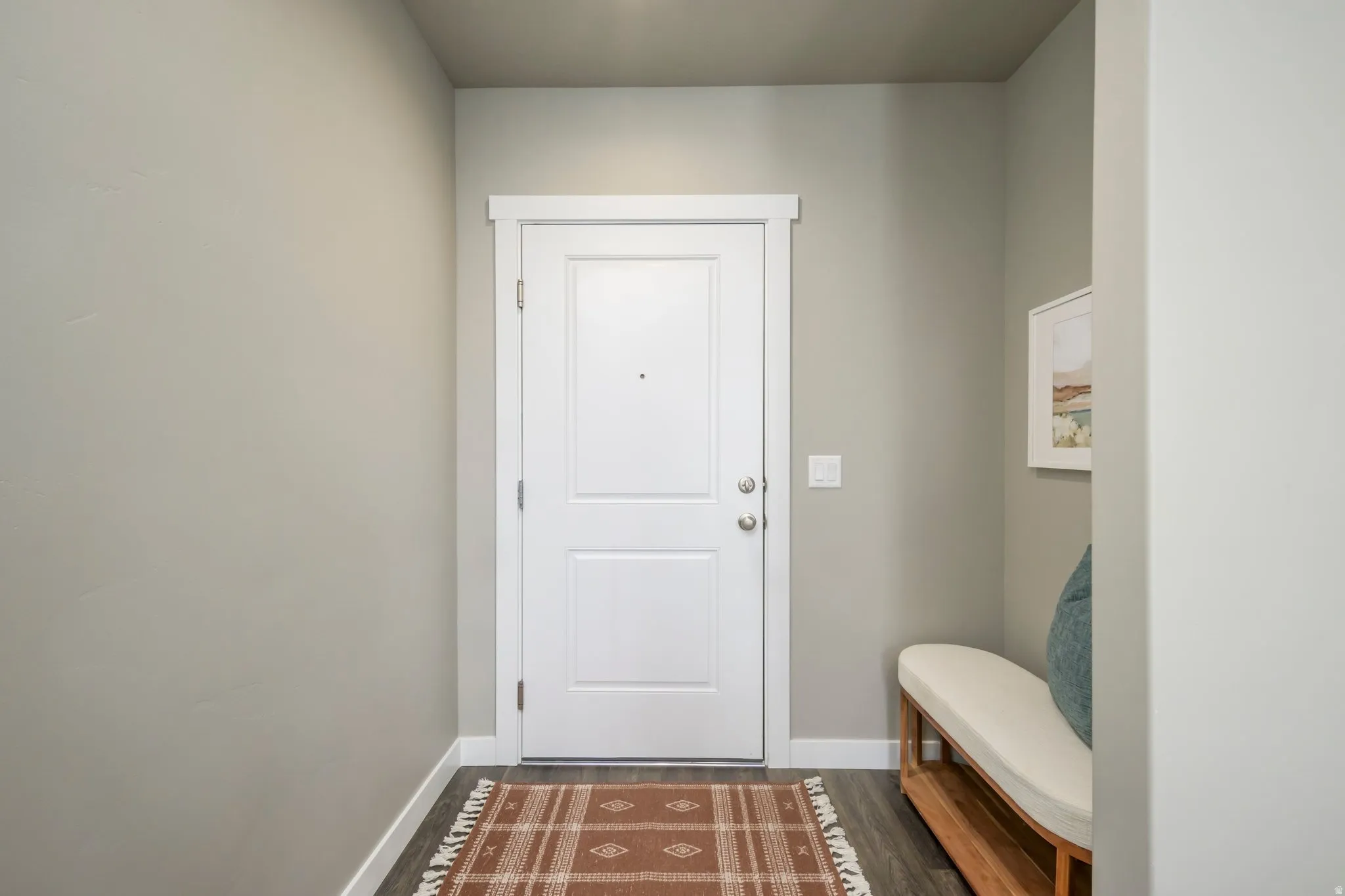 Entryway featuring a white paneled door with brushed nickel hardware, light gray wall paint, and wood-finish flooring