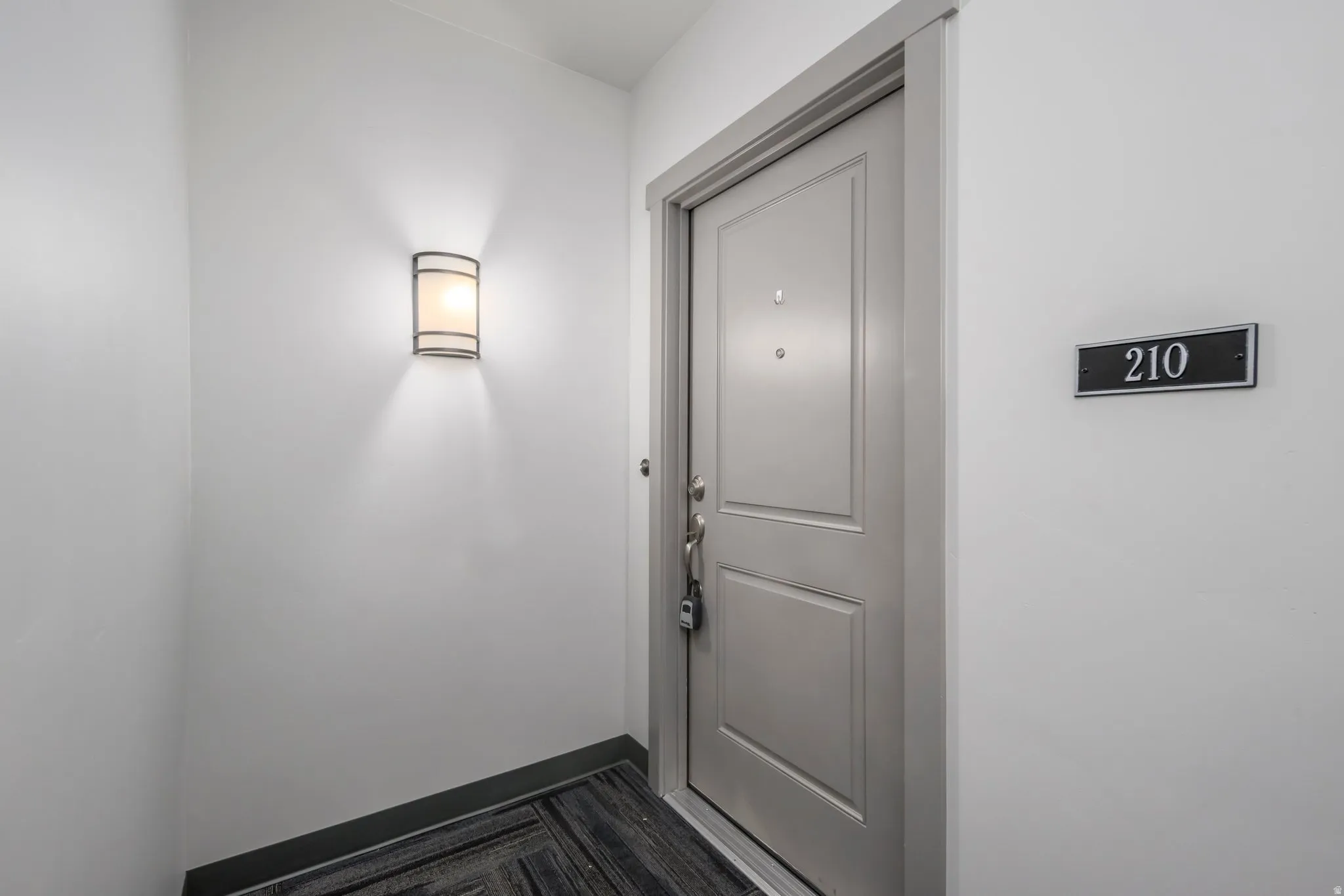 Entryway featuring a sleek, modern wall sconce, a light gray paneled door with contemporary hardware, and dark wood-finish flooring with a herringbone pattern