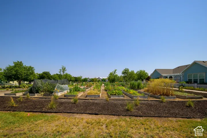Community garden plots with mature plantings, surrounding landscaping, and nearby residential structures