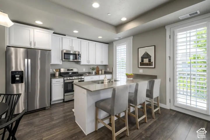 Modern kitchen featuring white cabinetry, stainless steel appliances, a center island with bar seating, and wood-finish flooring