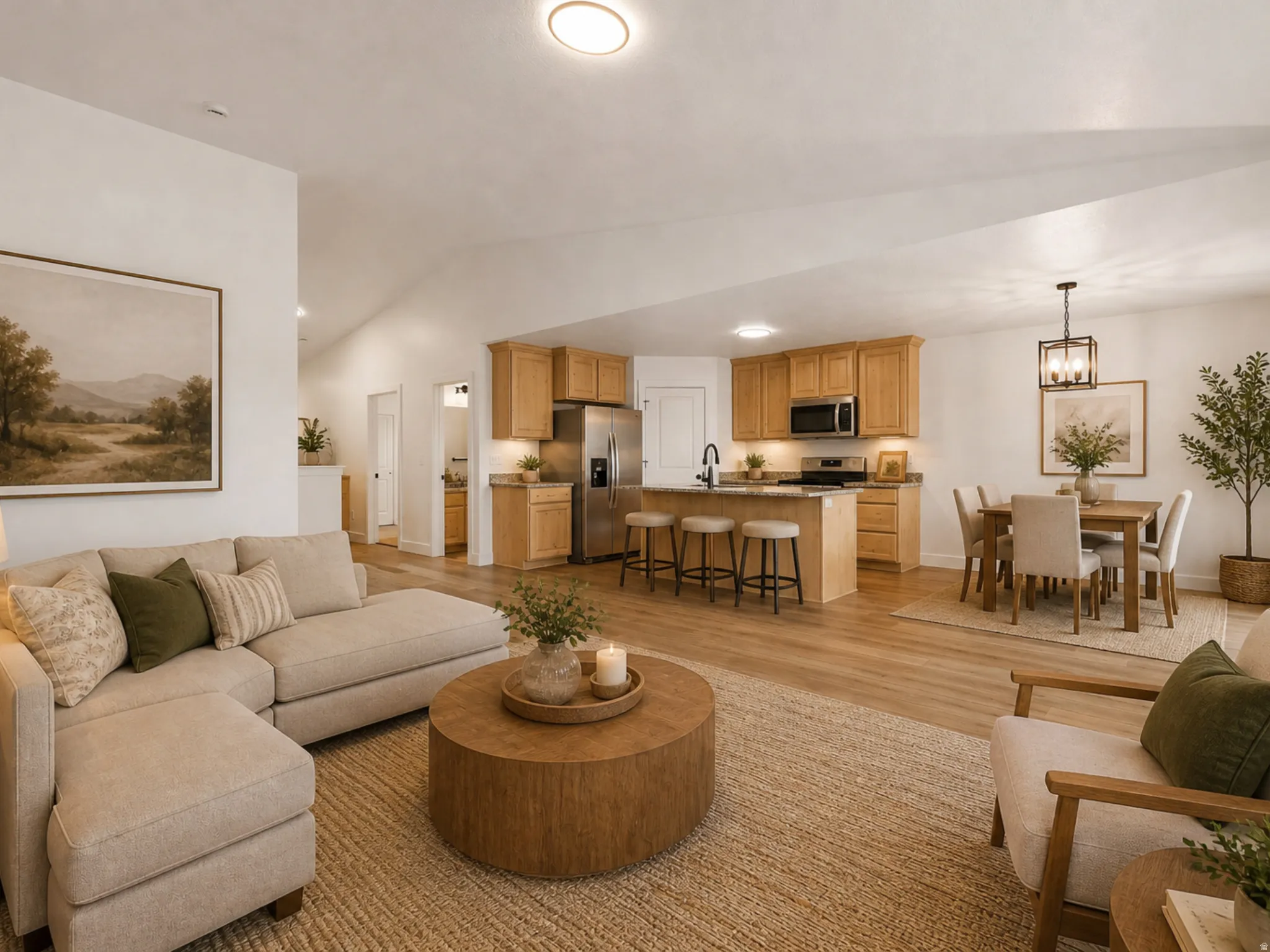 Open-concept living space featuring wood-finish flooring throughout, a vaulted ceiling, and recessed lighting