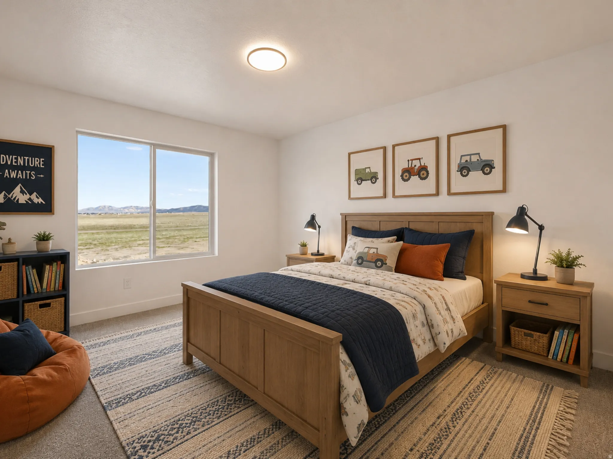 Spacious bedroom featuring light-colored walls and soft carpet flooring