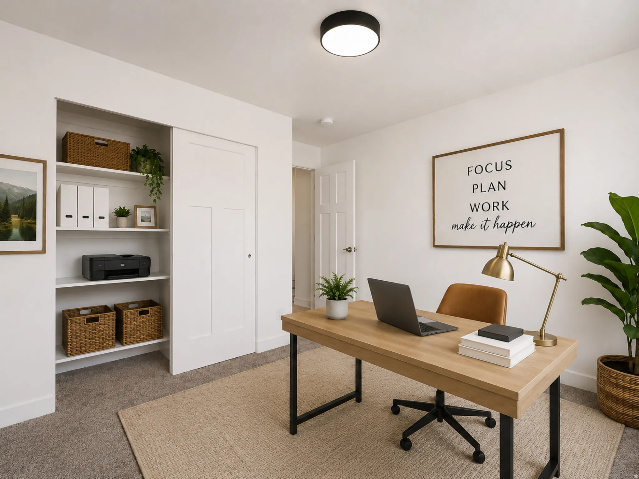 Dedicated workspace featuring light-toned wood-finish flooring, recessed shelving, and a flush-mount ceiling light