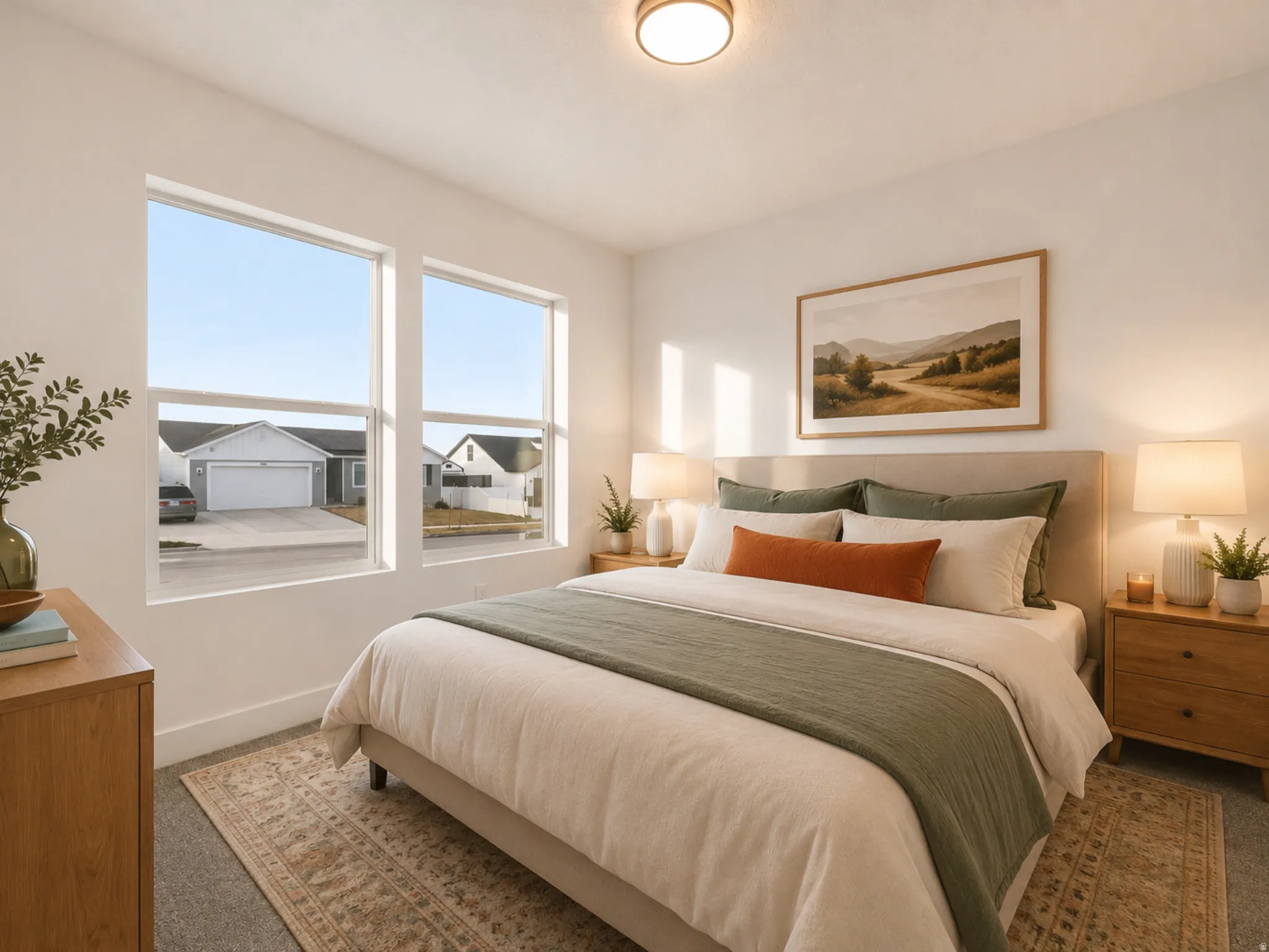 Bright primary bedroom featuring expansive dual windows with natural light, wood-finish nightstands, neutral bedding with layered textiles in sage and rust tones, framed landscape artwork, table lamps with integrated lighting, area rug, and ceiling-mounte