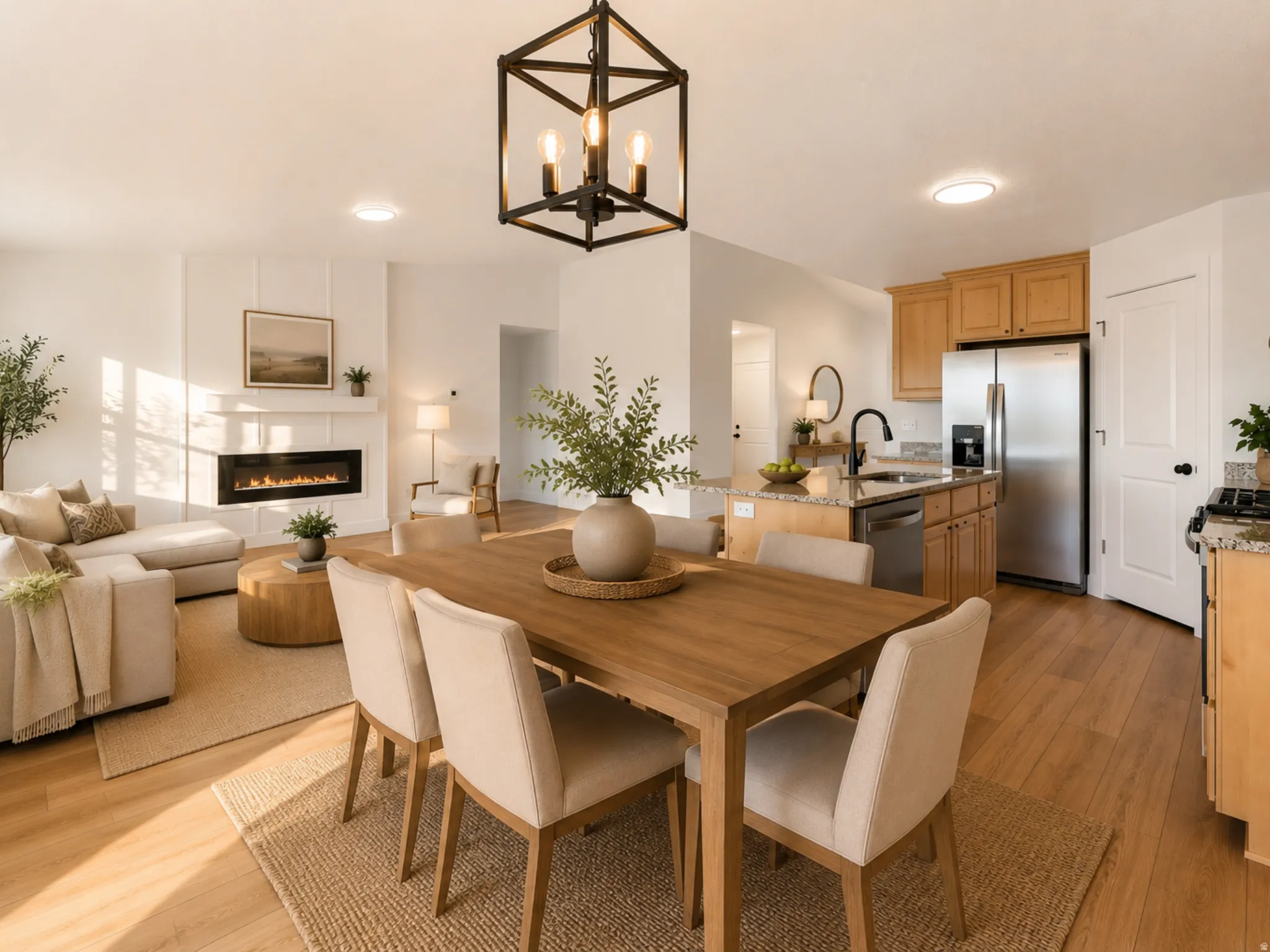 Open-concept living space featuring wood-finish flooring, a contemporary fireplace with a white mantel, and a kitchen with light wood cabinetry and granite countertops