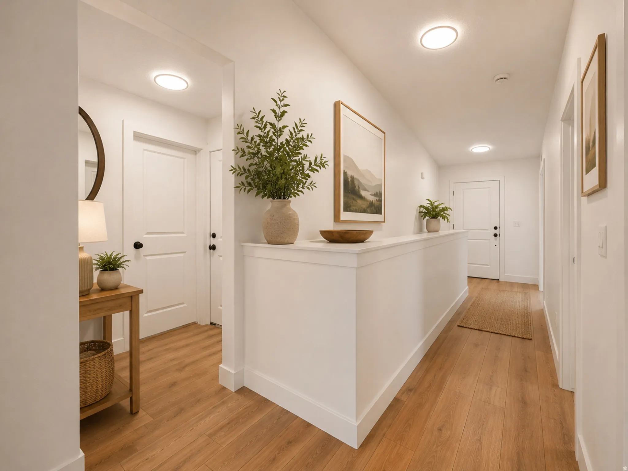 Bright hallway featuring wood-finish flooring, white trim, recessed lighting, and white panel doors