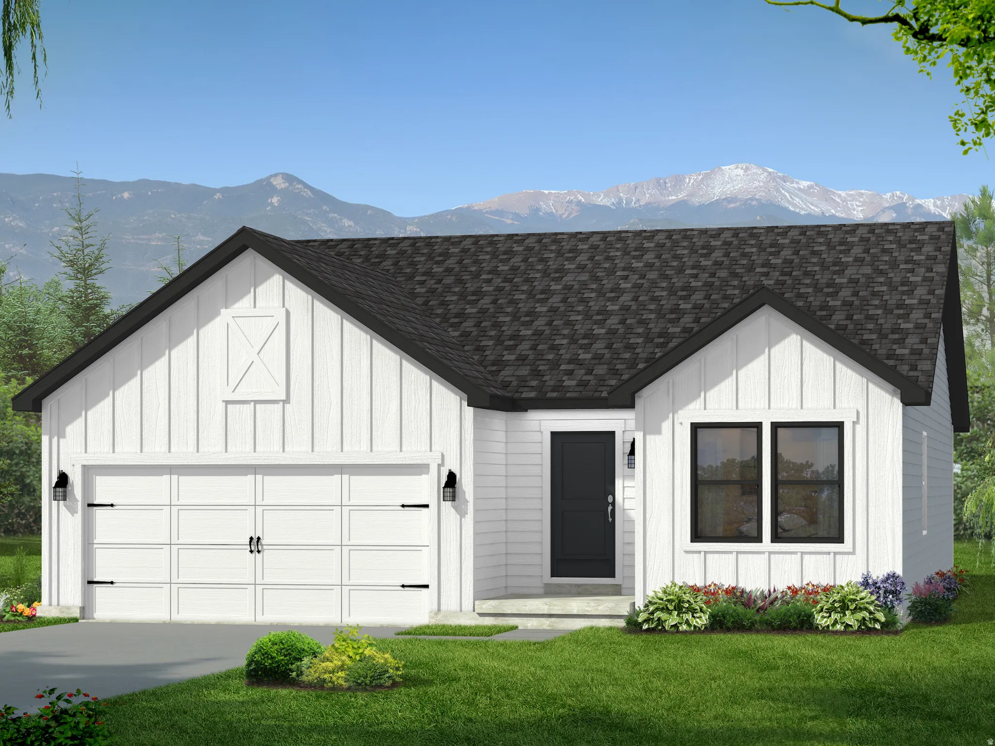 Contemporary ranch-style home featuring white board-and-batten siding with black trim accents