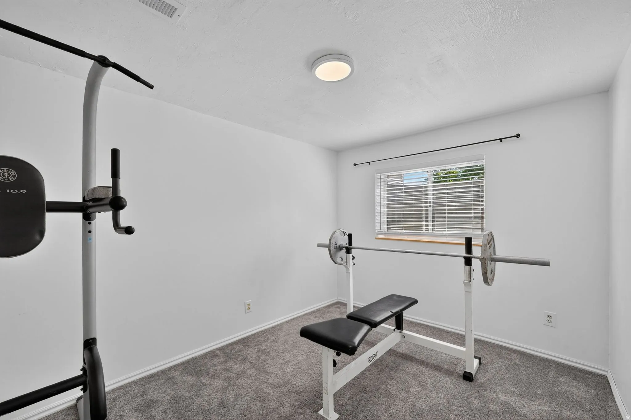 Carpeted room featuring a single window with horizontal blinds, a ceiling-mounted flush light fixture, and white painted walls