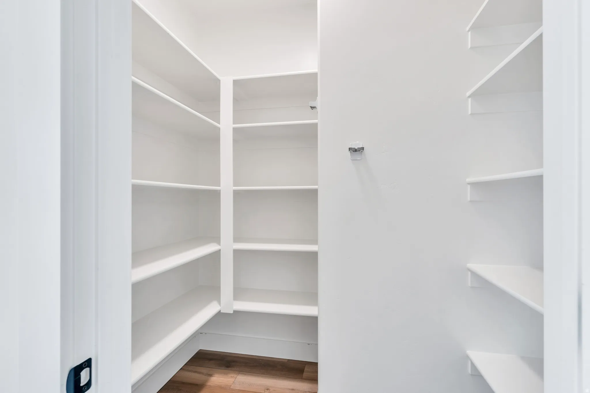 Spacious pantry featuring extensive white shelving, wood-finish flooring, and white trim