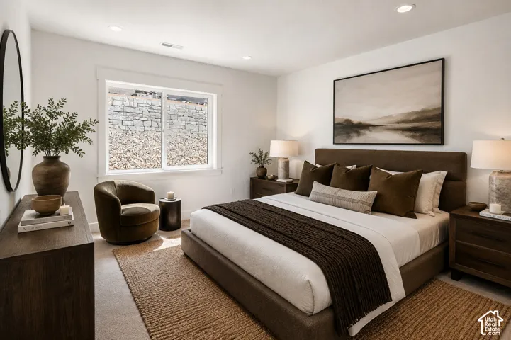 Spacious room featuring neutral carpeting, recessed lighting, and a window with white trim
