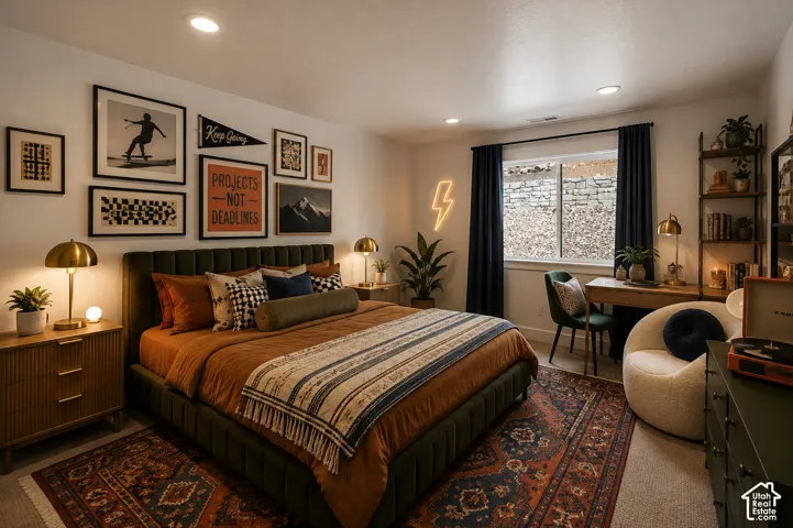 Recessed lighting illuminates this inviting space featuring a window with a stone-textured exterior, dark window treatments, and a built-in desk area