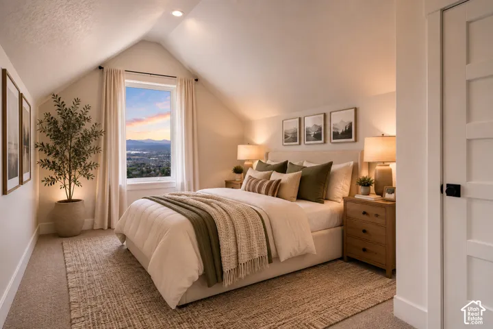 Bedroom with vaulted ceilings and recessed lighting