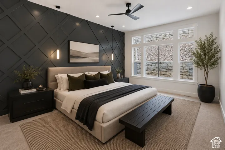 Accent wall featuring dark paneled millwork with integrated pendant lighting