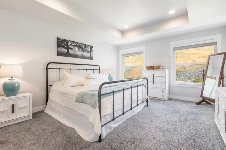 Spacious room featuring light gray carpet, dual windows with white trim, and a tray ceiling with recessed lighting