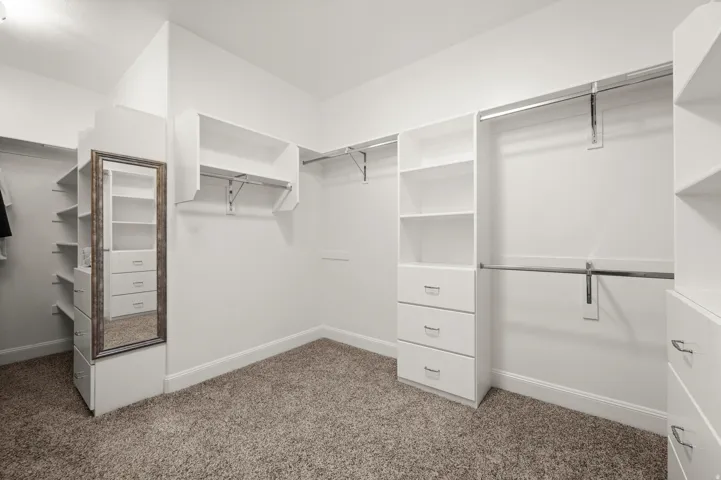 Spacious walk-in closet featuring built-in shelving, multiple hanging rods, integrated drawers, and neutral carpet flooring
