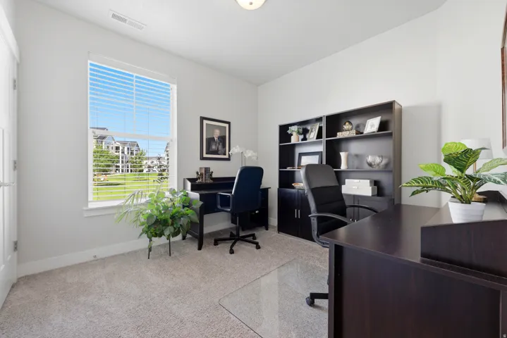 Carpeted room with a large window featuring horizontal blinds