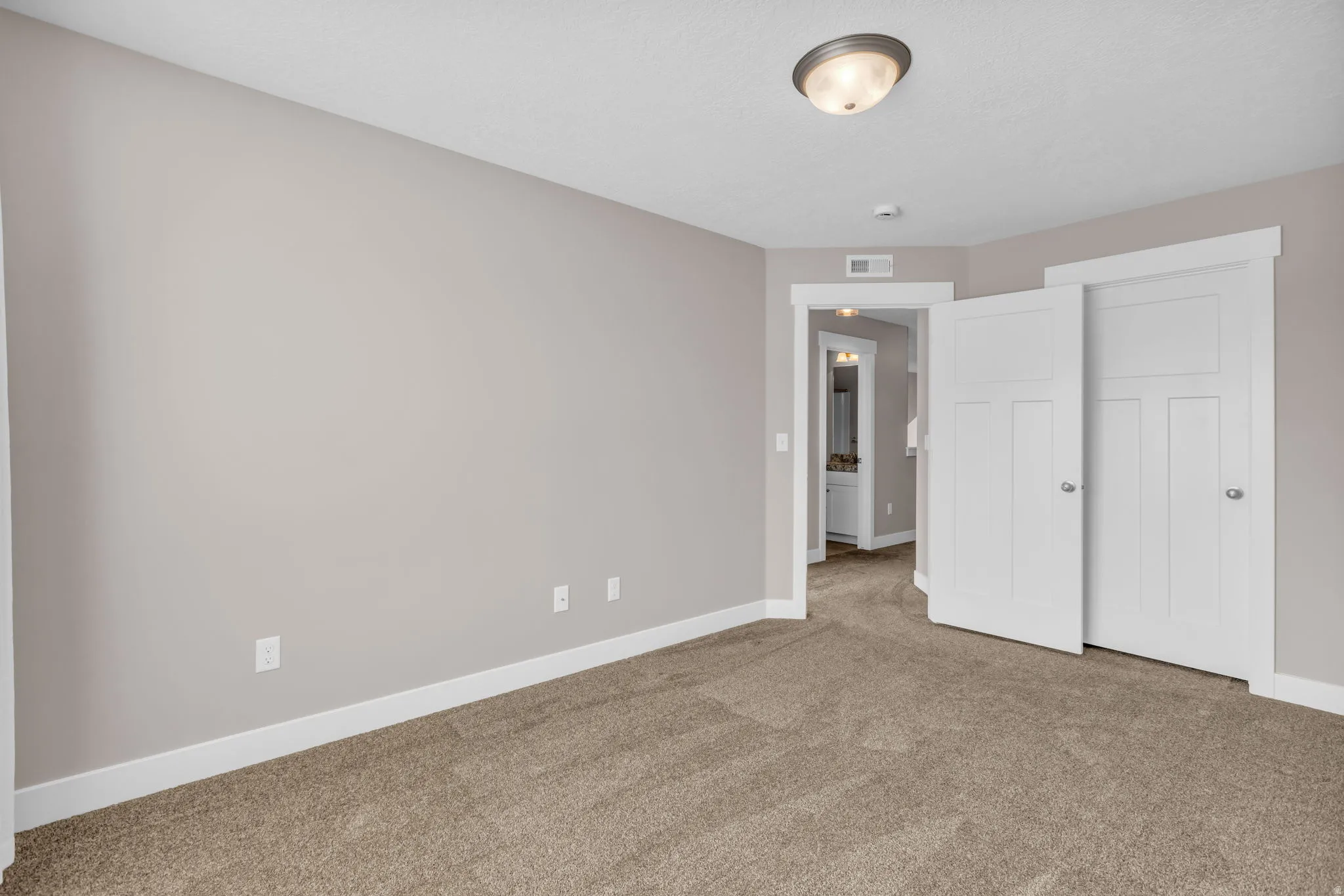 Neutral tone wall finishes, ceiling-mounted light fixture, and plush carpet flooring