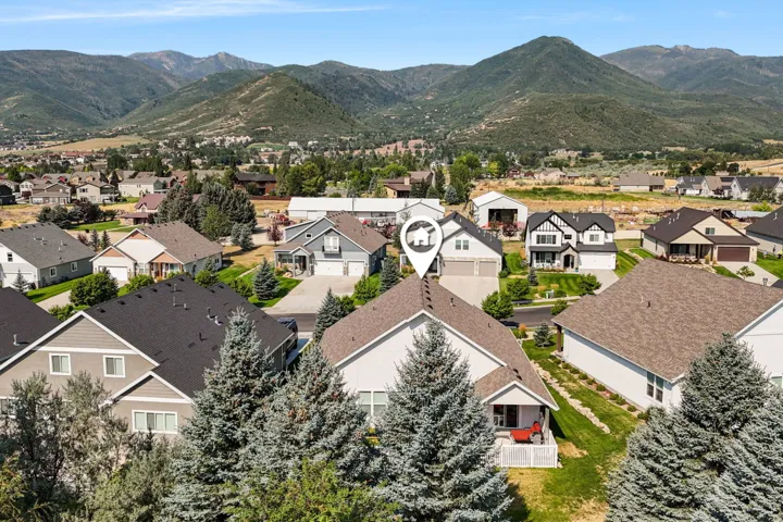 Aerial perspective showcasing a residential area with varied home styles