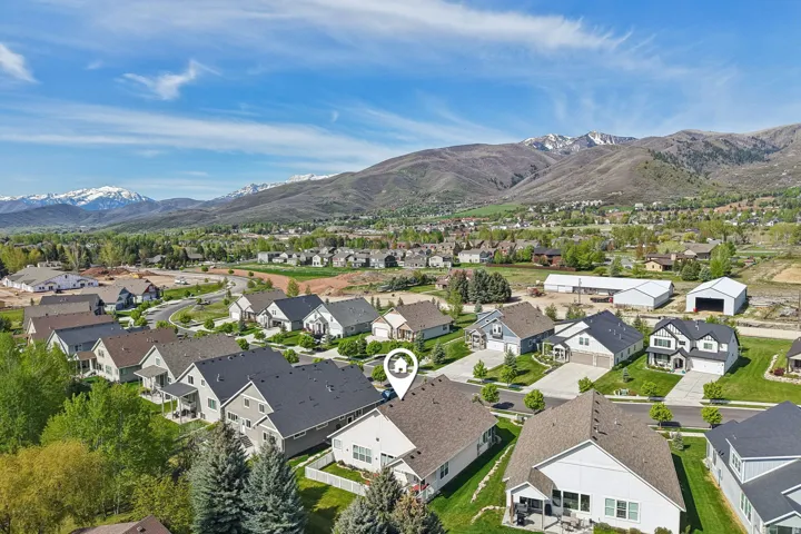 Aerial perspective showcasing a residential community with varied architectural styles