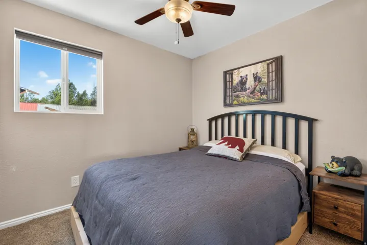 Carpeted bedroom featuring a white window frame, neutral-toned walls, and a ceiling fan with wood-finish blades