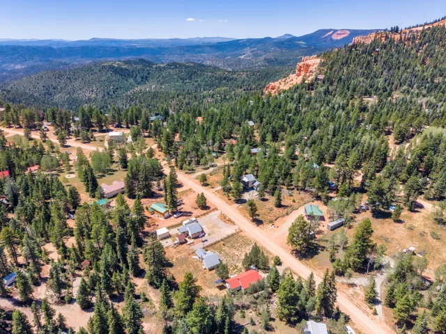 Aerial perspective showcasing a residential community nestled within a dense forest landscape