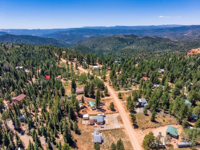 Expansive mountain landscape featuring numerous evergreen trees and scattered residential properties, with a dirt road traversing the terrain