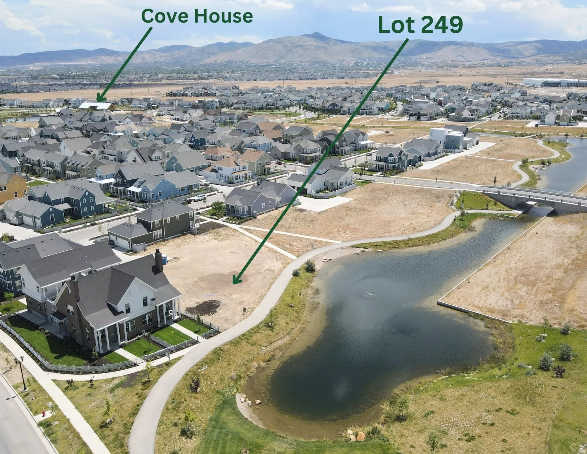 Aerial perspective of Waterfront home location (Lot 249) bordered by a paved walking path