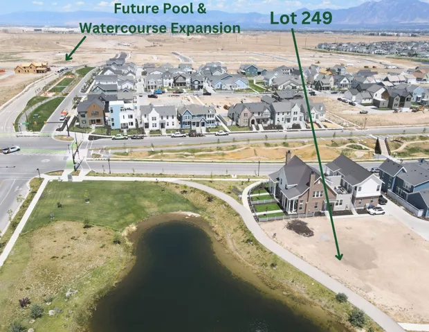 Aerial perspective of Waterfront home location (Lot 249) bordered by a paved walking path