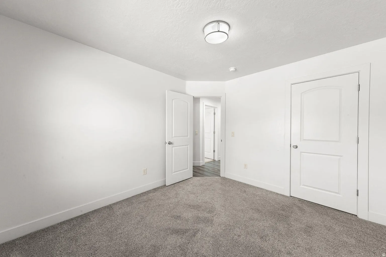 Carpeted interior space featuring white walls and a contemporary flush mount ceiling light