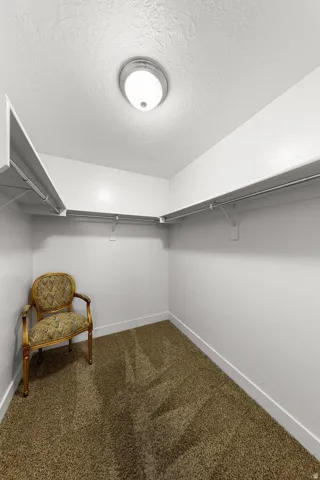 Walk-in closet featuring white walls, deep brown textured carpet, white baseboards, and built-in white wire shelving and hanging rods