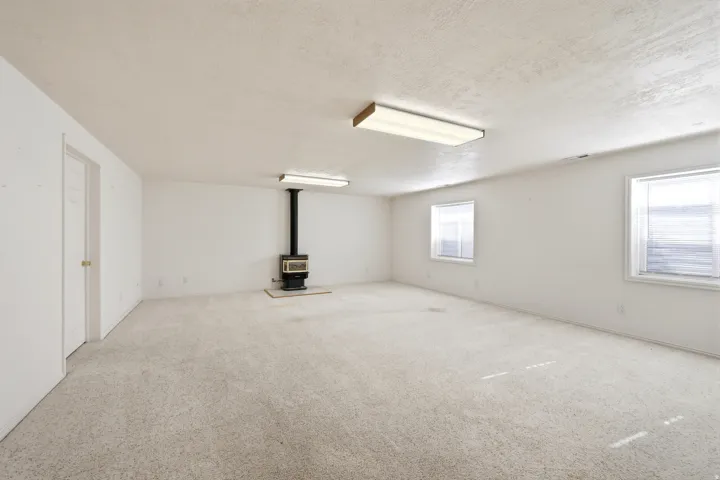 Spacious room with light-colored carpeting, a freestanding wood-burning stove, two rectangular windows, and overhead fluorescent lighting