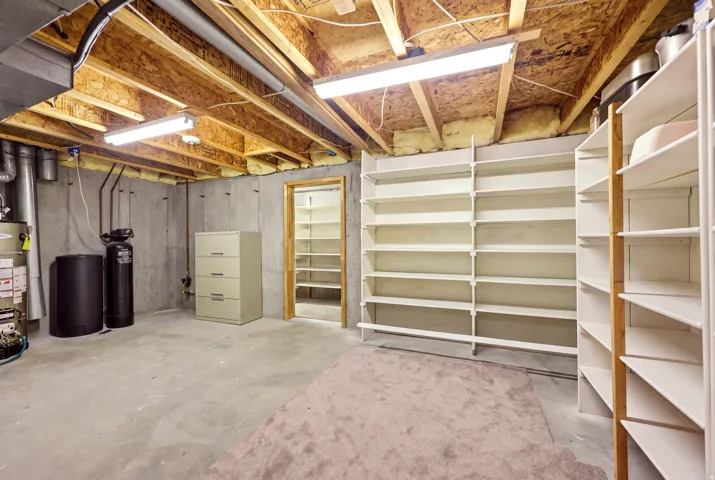 Unfinished basement area featuring extensive built-in shelving, concrete flooring, exposed ceiling joists, and a utility corner with water treatment equipment