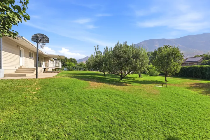 Expansive green lawn with mature fruit trees and mountain scenery