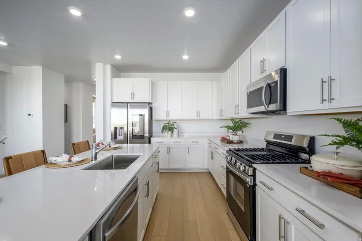 Contemporary kitchen featuring white cabinetry, light wood-finish flooring, recessed lighting, and stainless steel appliances