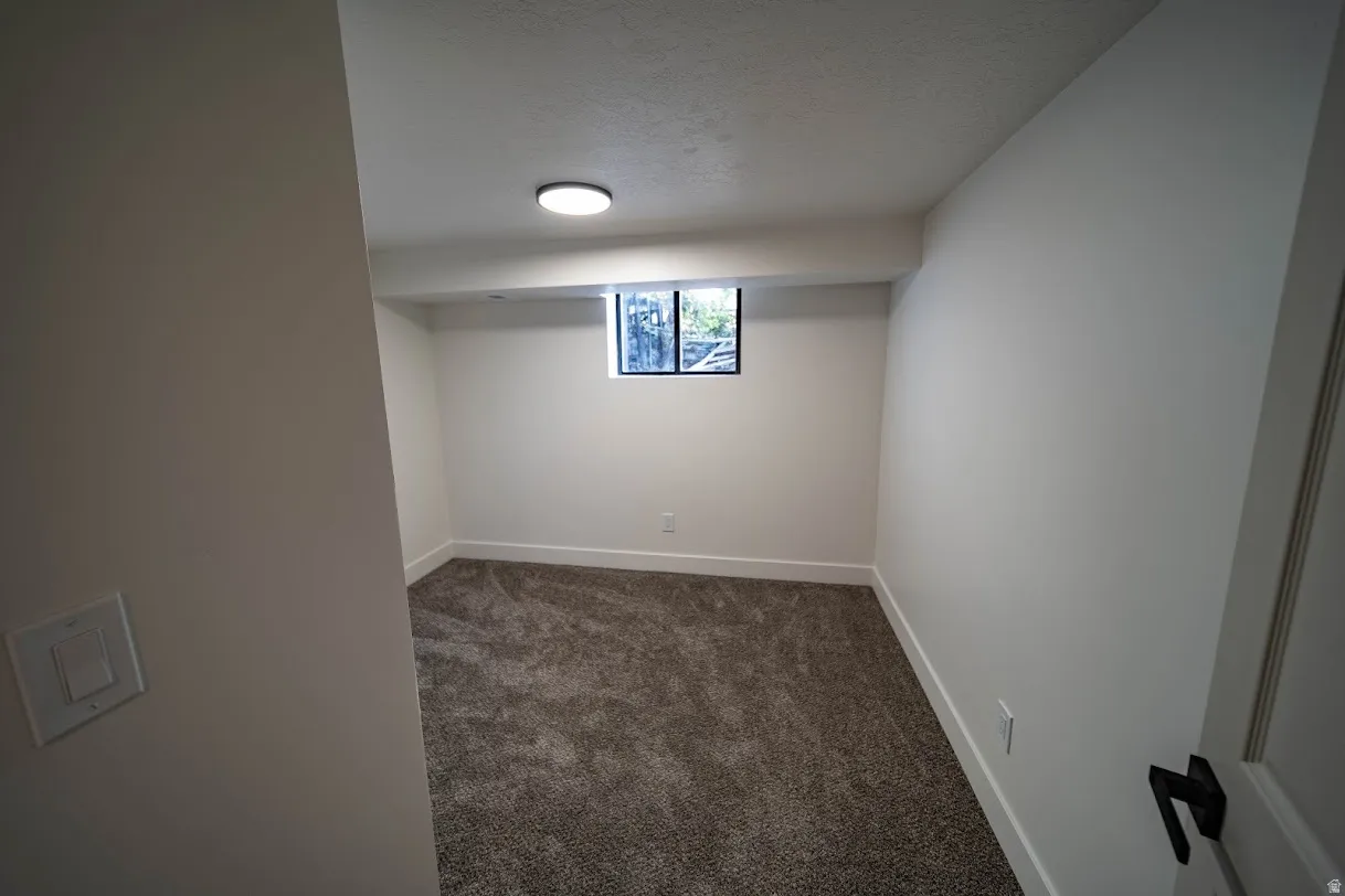 Carpeted room featuring a single window, white painted walls, a flush-mount ceiling light, and white trim
