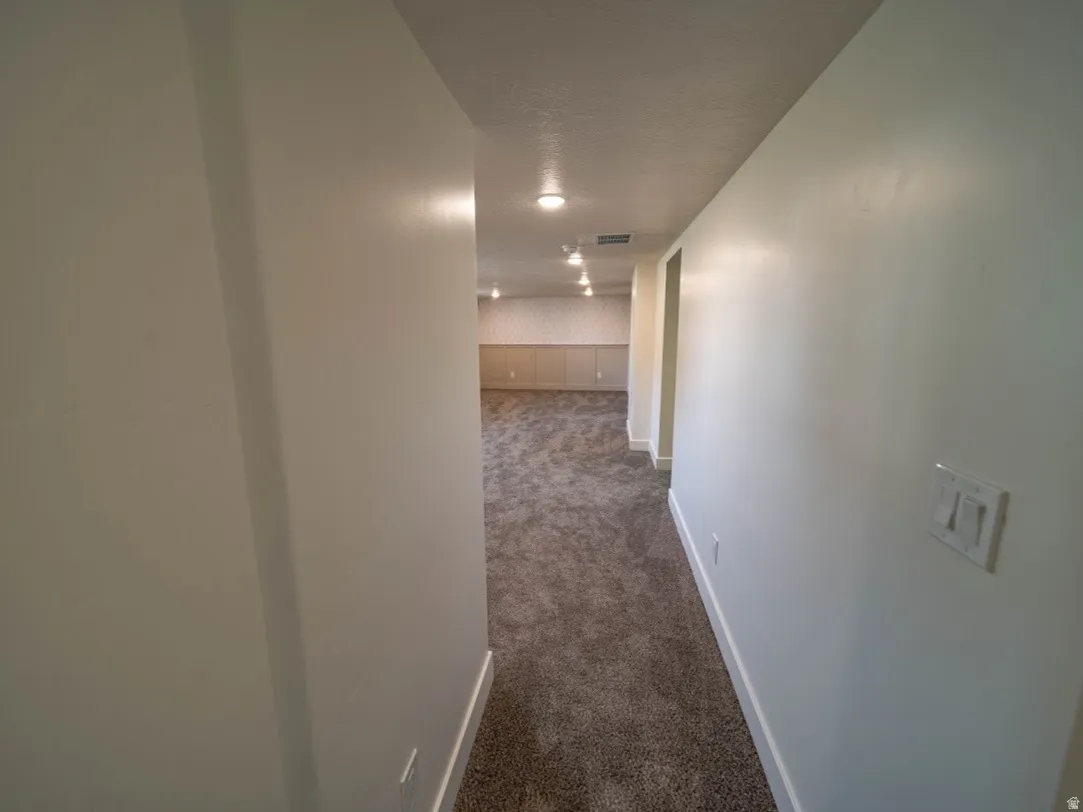 Carpeted hallway leading to an interior space featuring recessed lighting, light-toned walls, and white baseboards