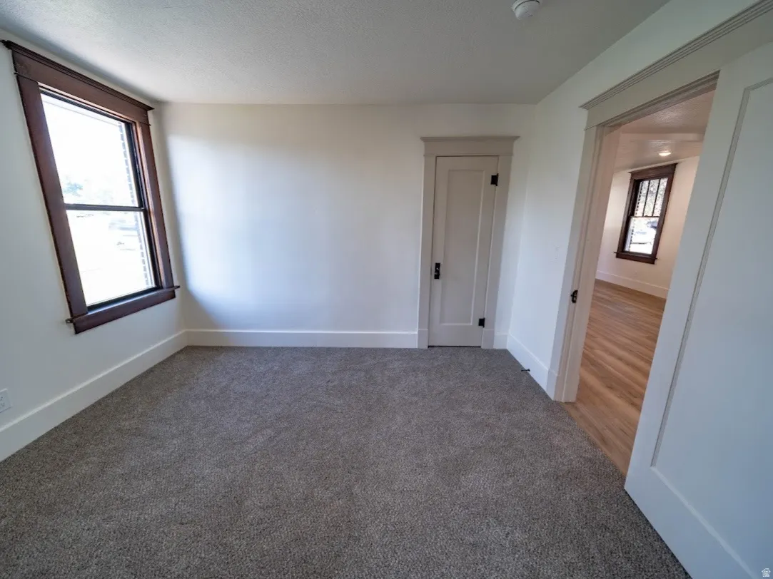 Carpeted room featuring a single window with dark wood trim, a paneled door with dark hardware, and thick baseboards