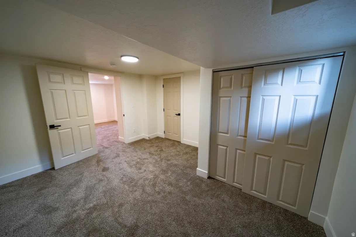 Room featuring new gray carpeting, white painted walls, and bright overhead lighting