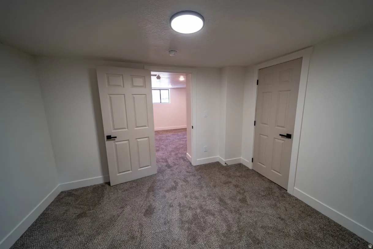 Carpeted interior room with white walls, white trim, and two paneled doors with black hardware