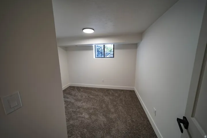 Carpeted room featuring a single window, white painted walls, a flush-mount ceiling light, and white trim
