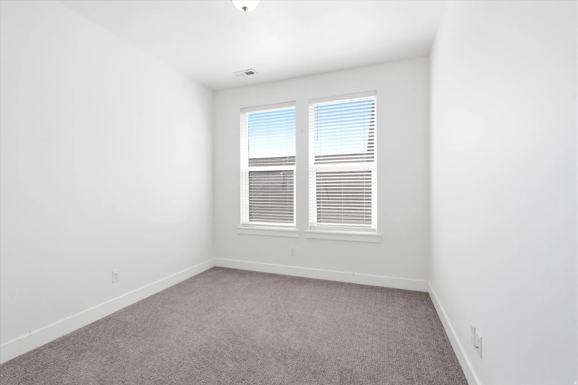 Bright room featuring twin windows with blinds, white trim, and neutral gray carpeting