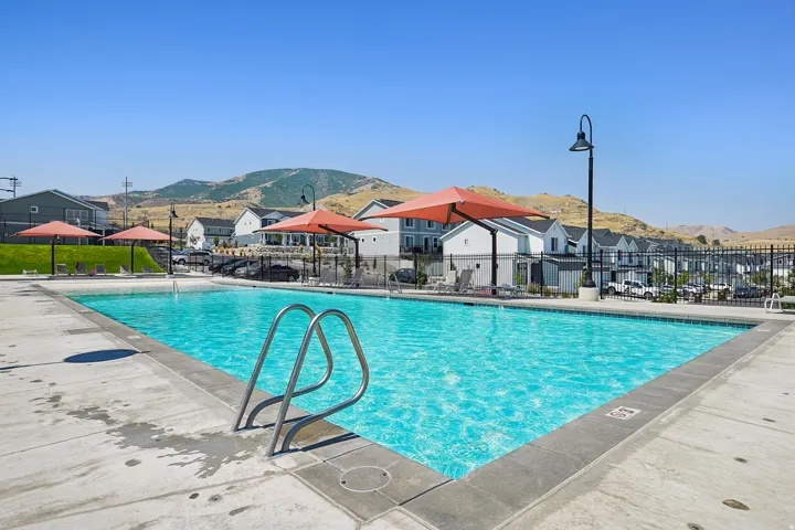 Community swimming pool with concrete decking, surrounding lounge areas, and permanent shade structures
