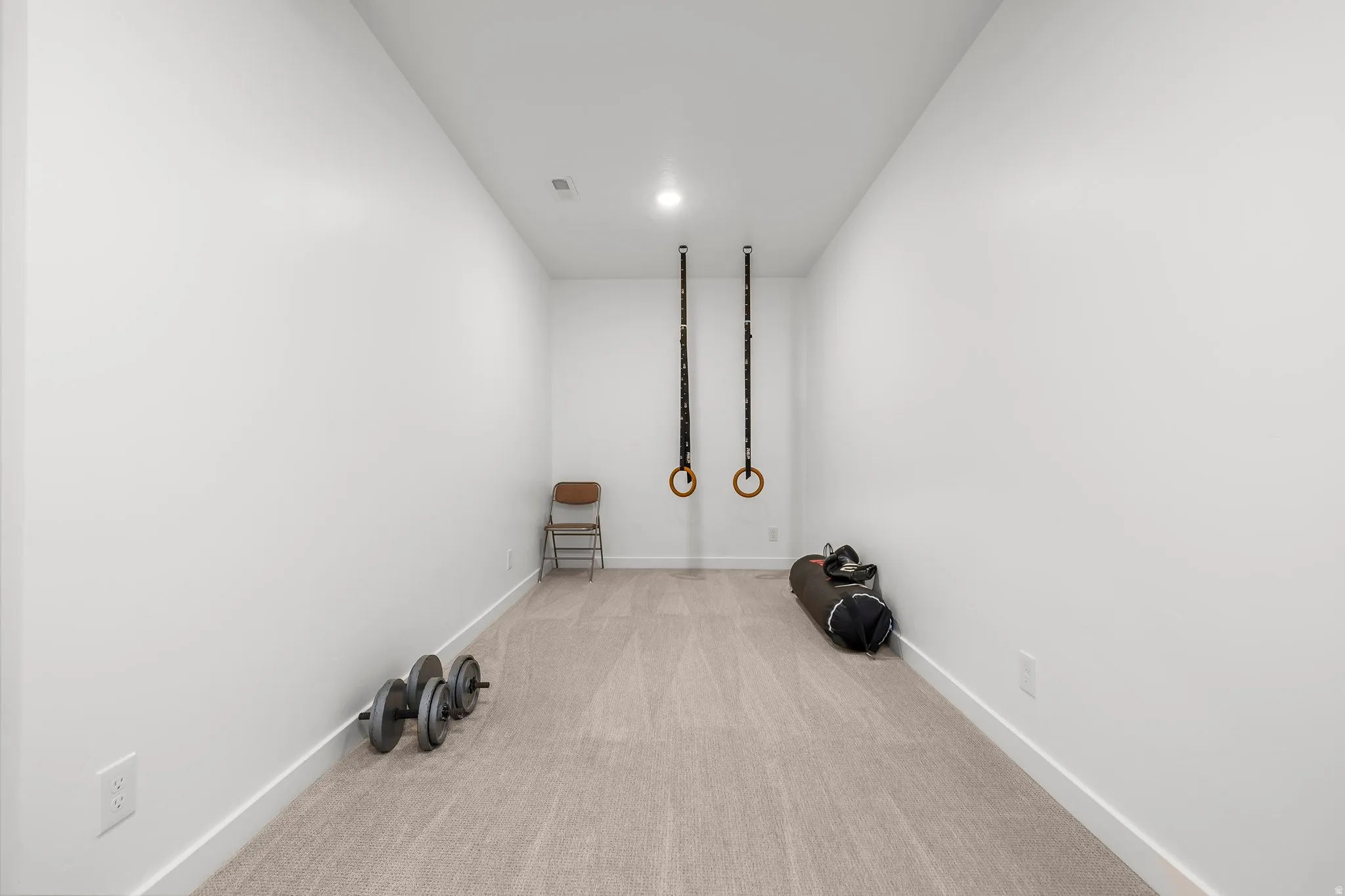 Brightly lit interior space featuring light-colored carpeting, white walls, and white baseboards
