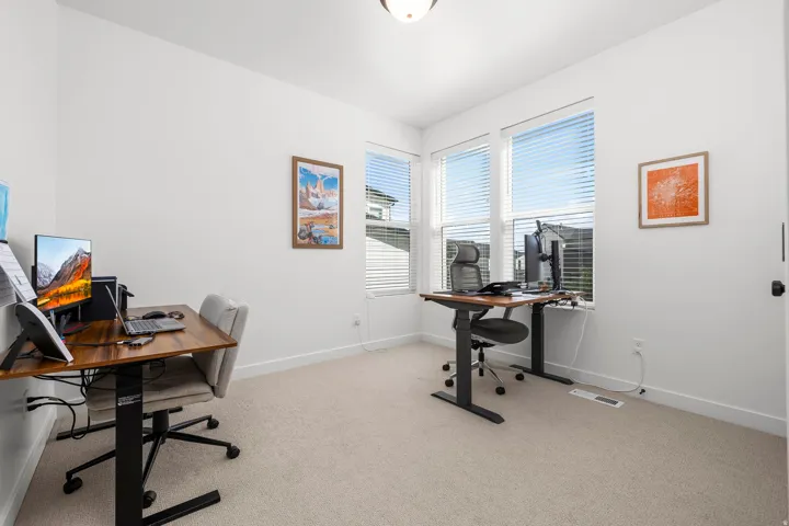 Bright room featuring plush carpeting, white walls, and multiple windows with horizontal blinds